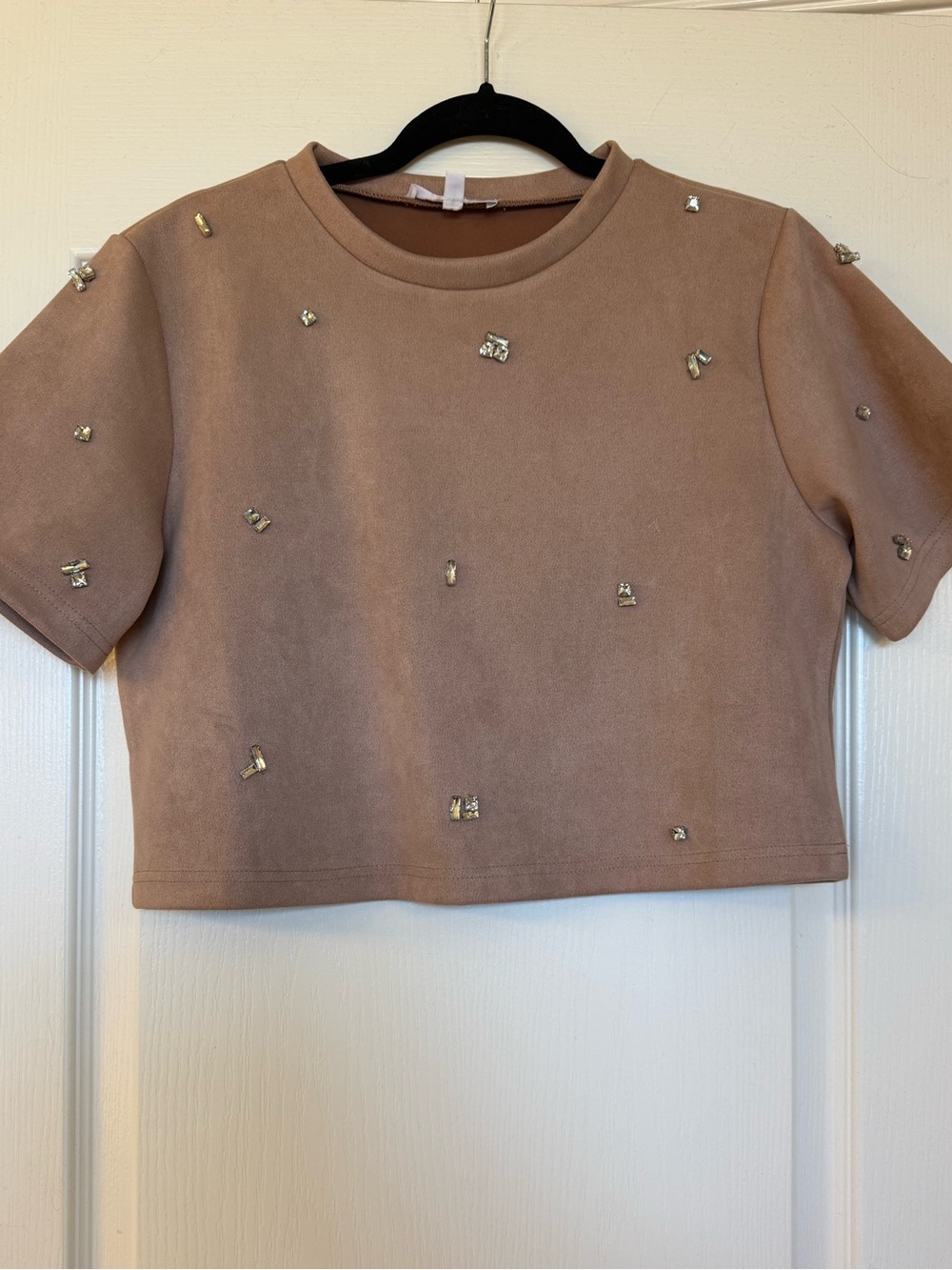 Cropped Embellished Short-Sleeve Top - Taupe with Rhinestones